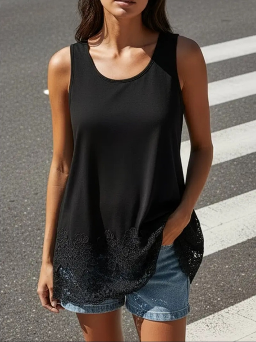 Black Sleeveless Tank Dress with Lace Hem Med